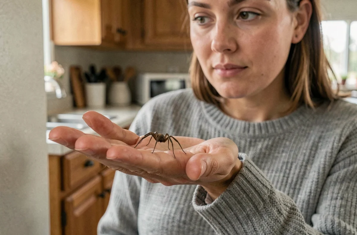 Femme tenant une petite araignée domestique dans sa main avec une expression calme à l'intérieur