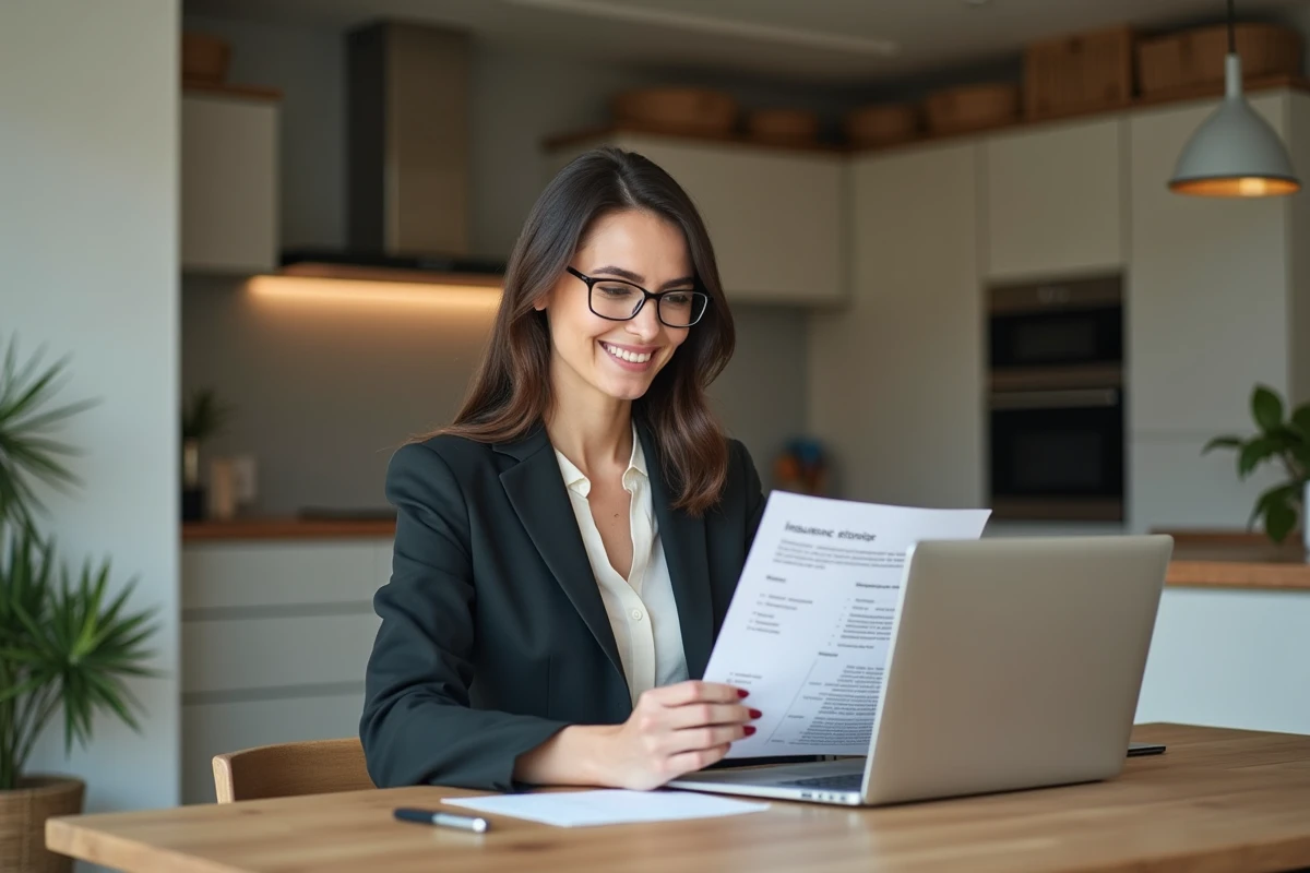 Femme en bureau examinant documents d'assurance