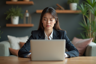 Femme d affaires réfléchissant devant son ordinateur