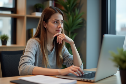 Jeune femme en bureau numérique avec interface digitale