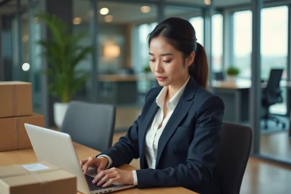 Jeune femme en costume vérifiant un tableau de suivi livraison