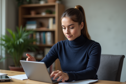 Jeune femme au bureau examine une tablette tactile