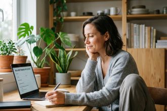 Femme concentrée travaillant à son bureau à domicile pour la formation santé