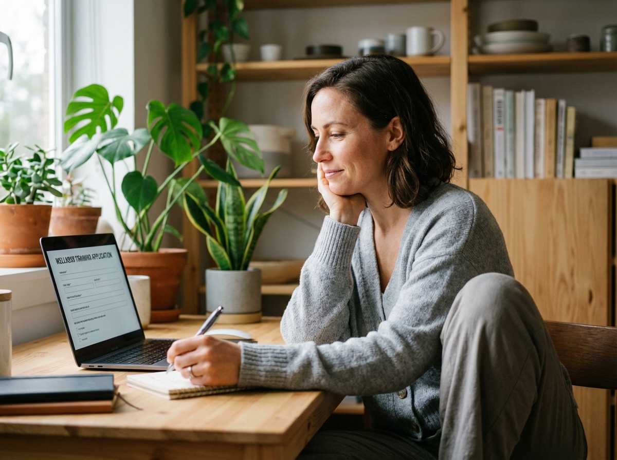 Femme concentrée travaillant à son bureau à domicile pour la formation santé