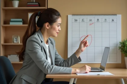 Femme consultant un calendrier mural pour repérer les semaines paires et impaires de ses rendez-vous récurrents