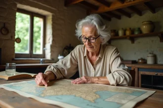 Femme âgée étudiant une carte cadastrale ancienne avec des noms de lieux-dits dans une cuisine rurale française en pierre