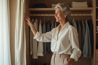 Femme élégante choisissant ses vêtements dans une chambre lumineuse