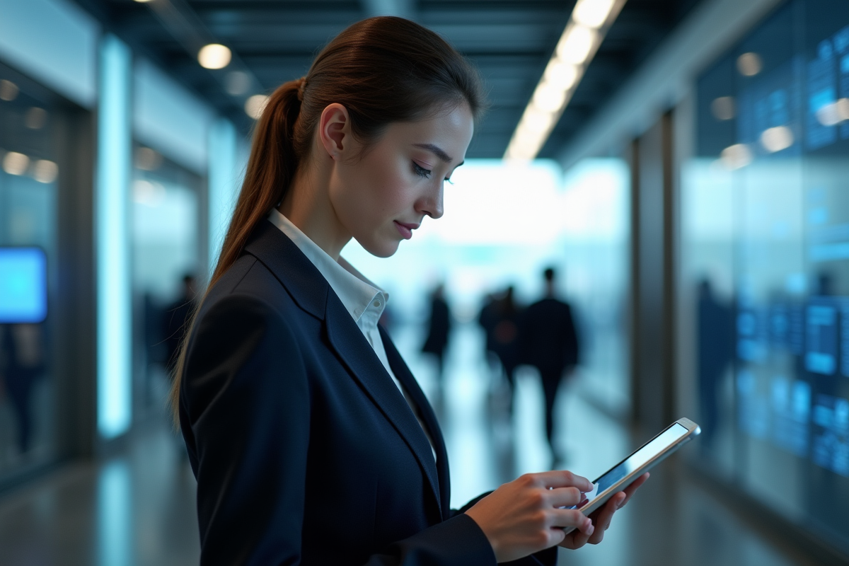 Jeune femme en costume lors d'une conférence technologique