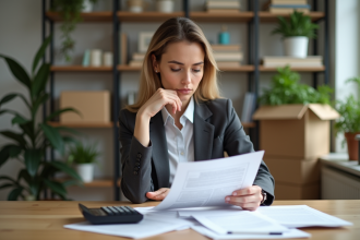 Femme professionnelle examine documents de location dans un appartement moderne