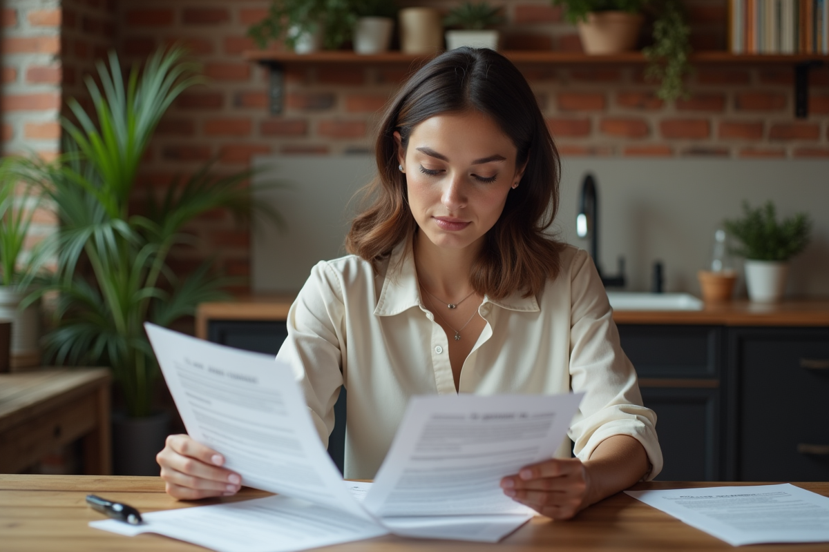 Femme en intérieur cosy examinant un contrat de location