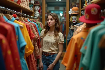 Jeune femme dans une boutique de costumes à Paris