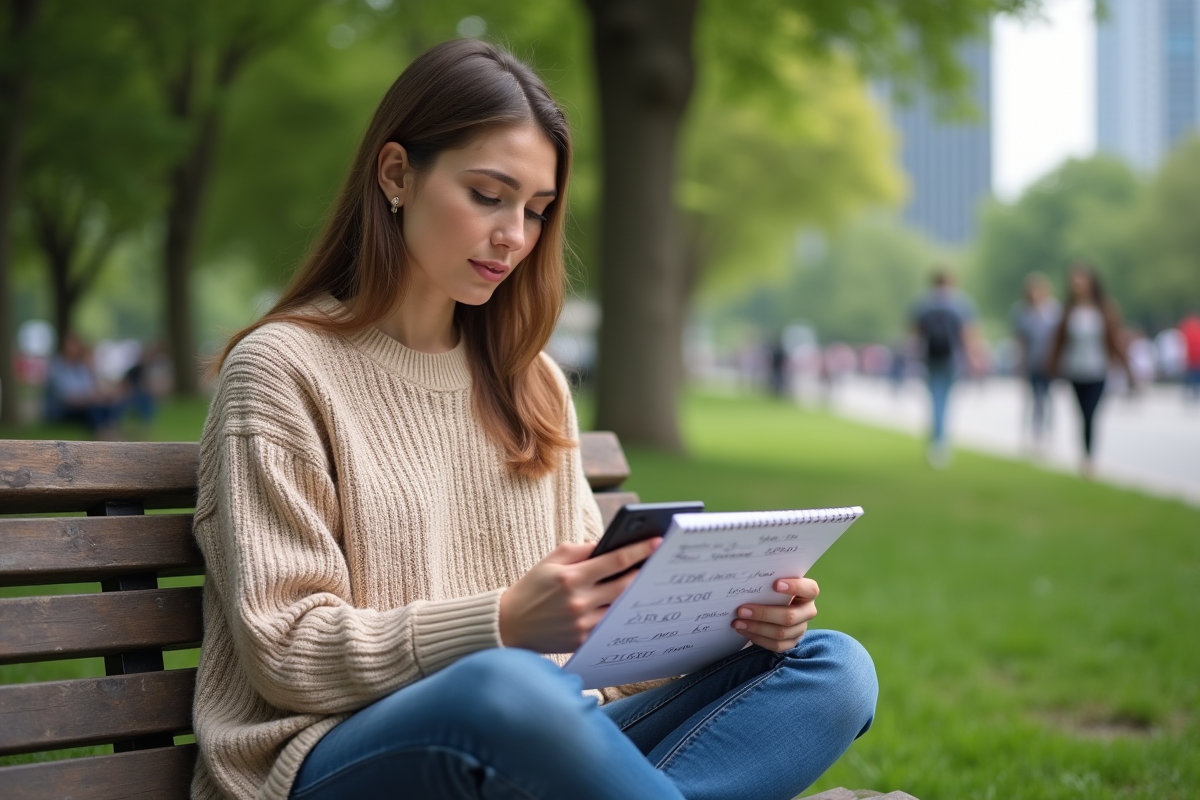 Femme vérifie valeurs crypto sur smartphone dans un parc