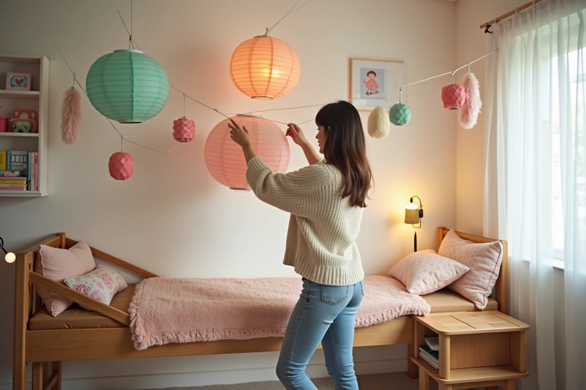 Femme accrochant des lanternes en papier pastel au plafond