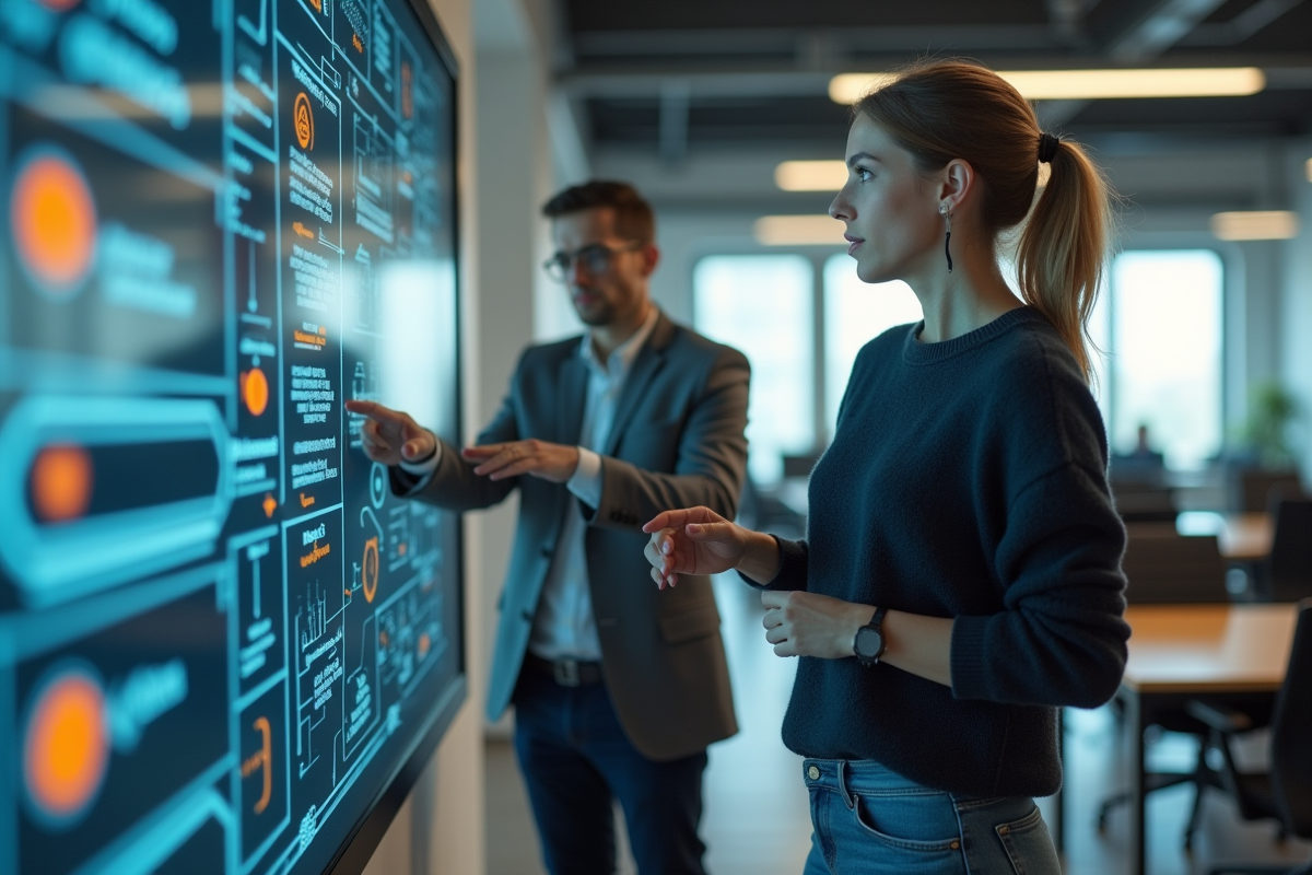 Femme en discussion avec un mentor dans un espace de travail moderne