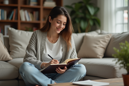 Jeune femme assise sur un canapé en train d'écrire dans un journal