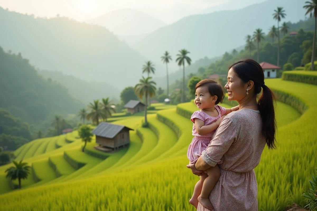 Femme et enfant dans un paysage de rizières en terrasses