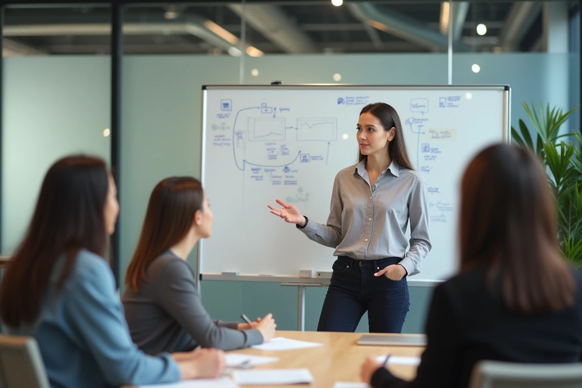 Femme animant un séminaire dans un espace de coworking moderne
