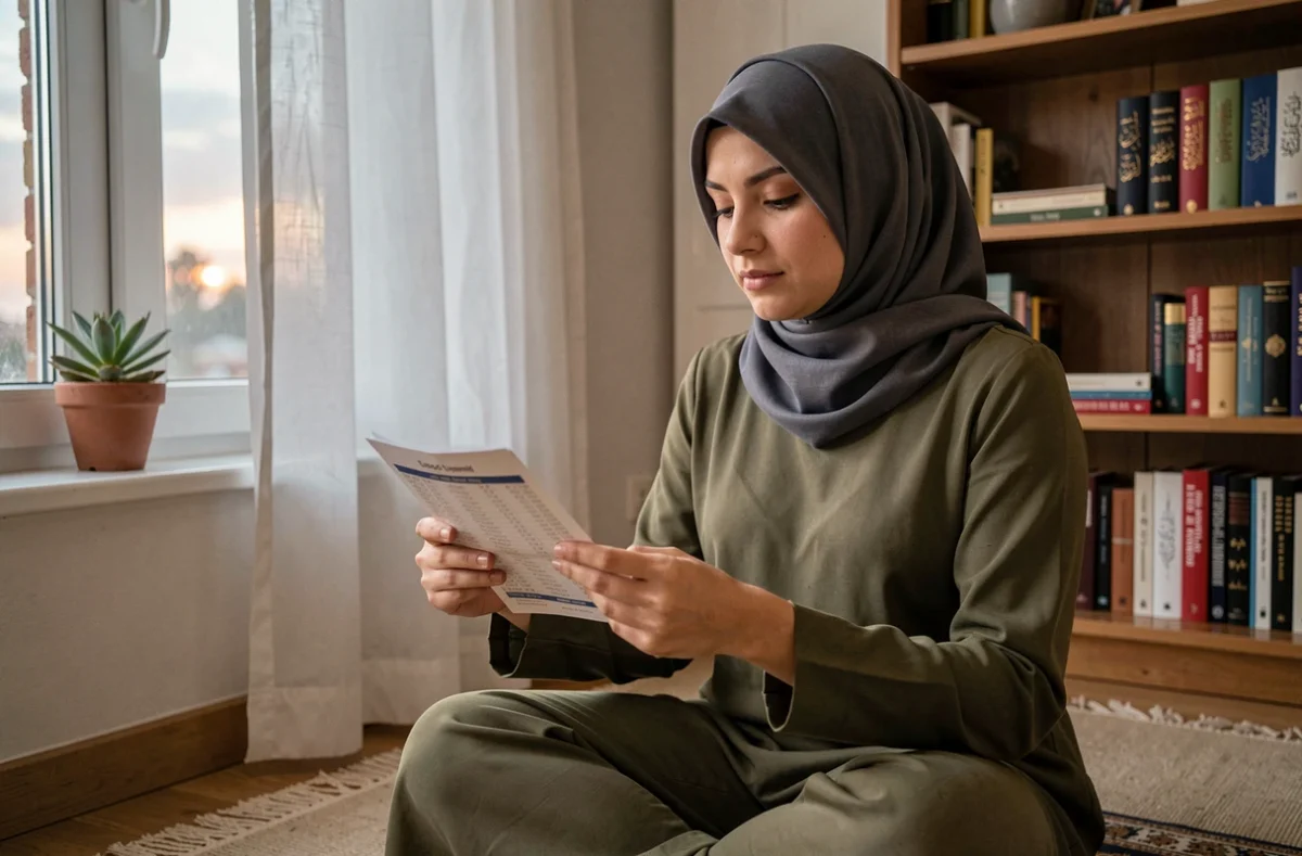 Jeune femme en hijab consultant un tableau des horaires de prière du maghreb et de l'icha à Toulouse