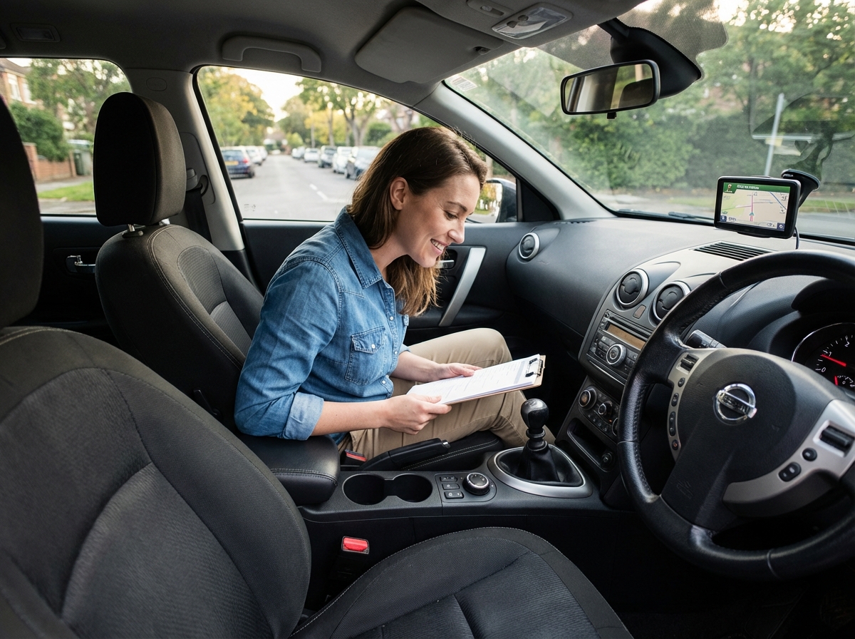 Femme regarde ses papiers dans une Nissan Qashqai intérieure