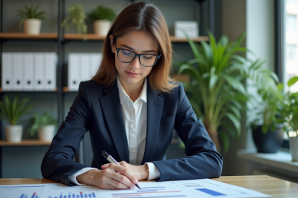 Femme d'affaires regardant des graphiques ESG dans un bureau moderne