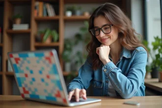 Femme concentrée jouant au Scrabble en ligne à la maison