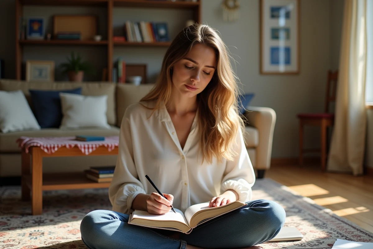 Femme écrivant dans un journal sur le thème du zodiaque à la maison