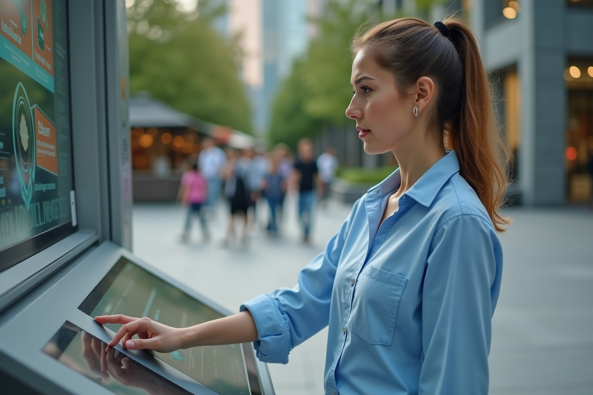 Jeune femme perplexe devant un kiosque en ville