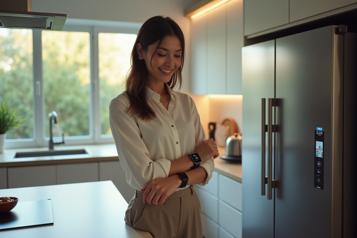 Femme activant appareils connectés avec sa montre dans la cuisine