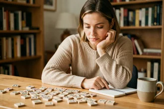 Femme concentrée devant des lettres de scrabble cherchant à former des mots sans tricher