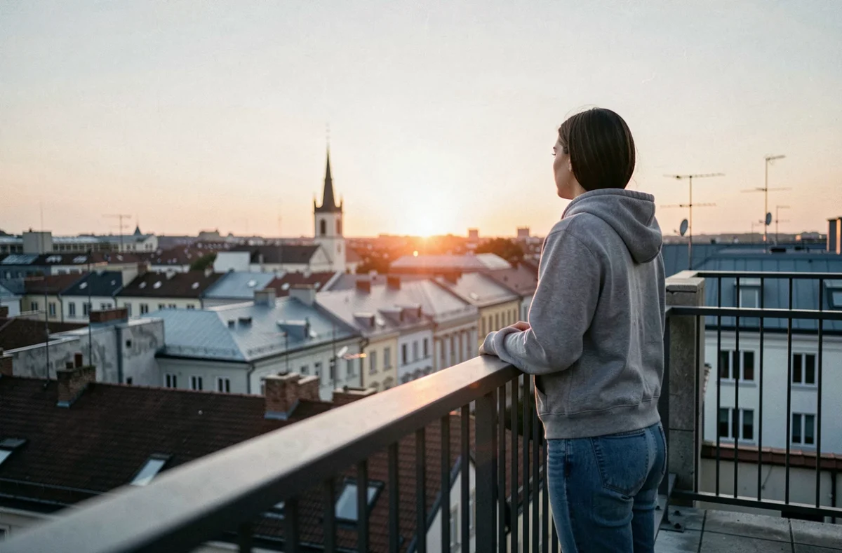 Femme observant le lever du soleil à l'est depuis un toit urbain, illustration de l'orientation solaire en ville