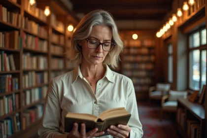 Femme d'âge mûr examinant attentivement un livre dans une librairie indépendante aux étagères en bois remplies d'ouvrages variés