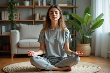 Jeune femme méditant dans un salon cosy et organisé