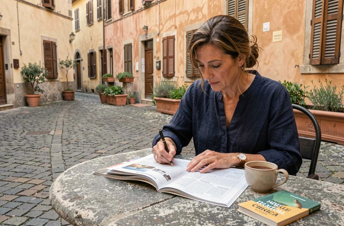 Femme résolvant des mots croisés sur les villes italiennes attablée dans une piazza toscane avec un magazine et un livre de référence
