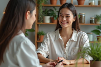 Femme d'âge moyen discutant de remèdes naturels avec un naturopathe