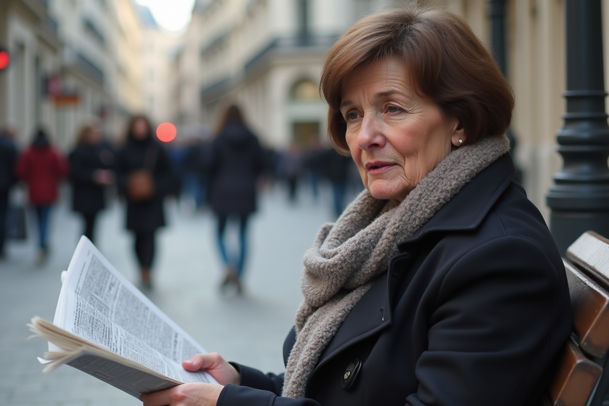 Femme parisienne assise sur un banc en ville avec journal