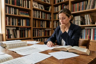 Femme contemplant des partitions musicales et les thèmes cachés de La Symphonie des Éclairs dans un bureau littéraire