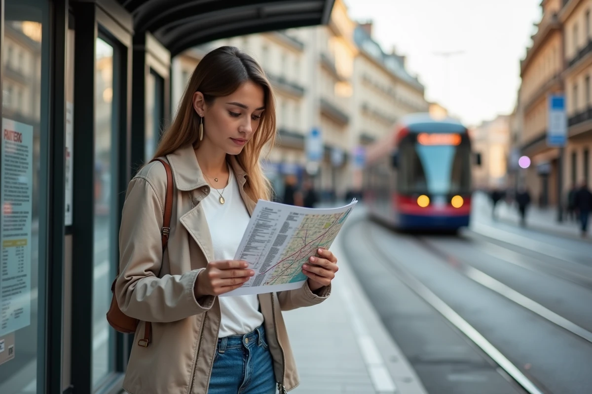 Femme consultant un plan du réseau métro et tramway de Toulouse près d'un arrêt de tram