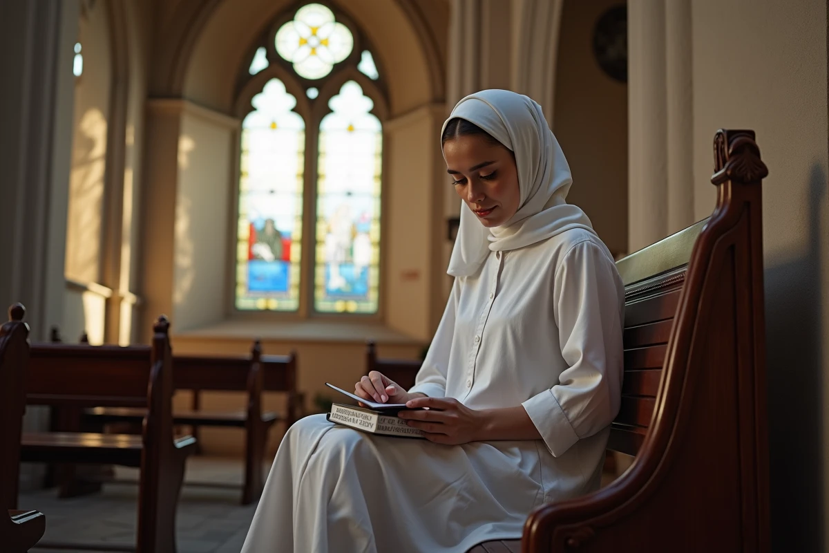 Jeune femme priant dans une chapelle ancienne de Compiègne