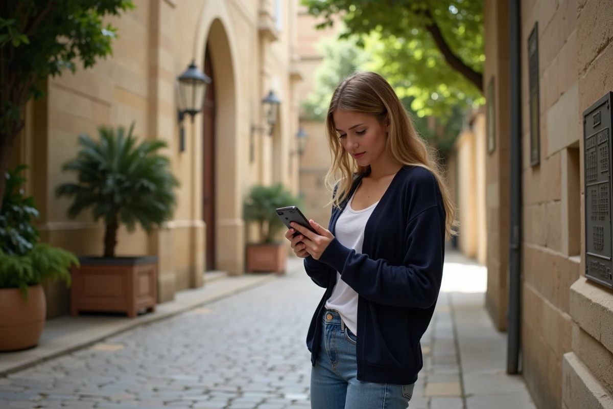 Jeune femme vérifiant prière sur son téléphone dans la ville