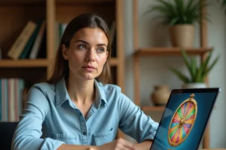 Femme analysant son profil pour s'inscrire à la roue de la fortune sur un ordinateur portable