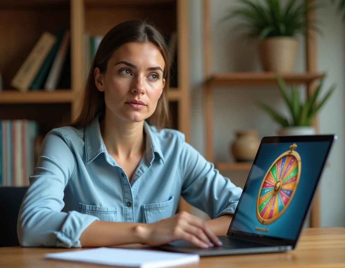 Femme analysant son profil pour s'inscrire à la roue de la fortune sur un ordinateur portable
