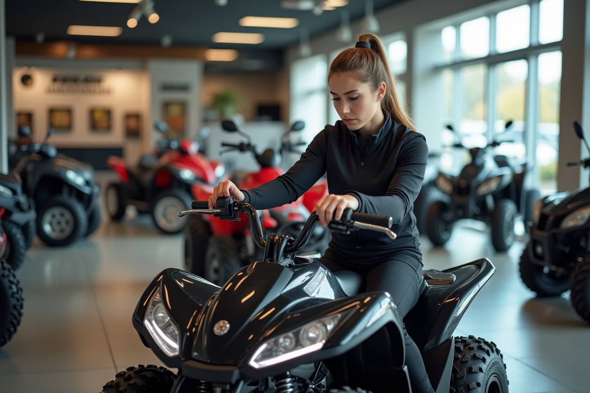 Jeune femme assise sur un quad dans un showroom moderne