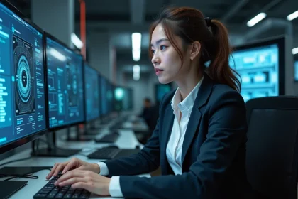 Femme examinant un interface quantique dans un laboratoire hightech