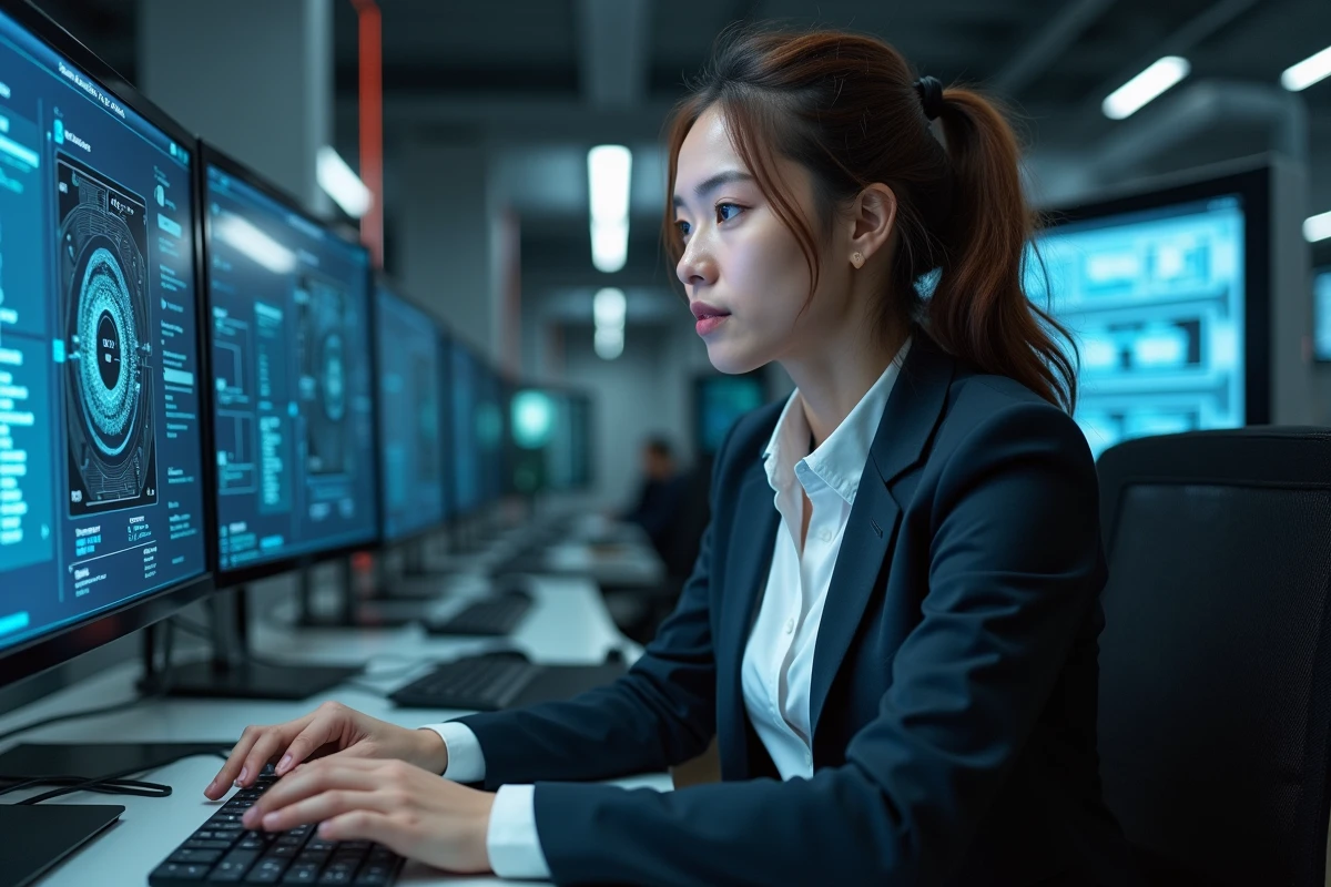 Femme examinant un interface quantique dans un laboratoire hightech