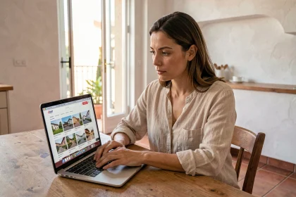 Femme consultant un site de location de vacances en ligne depuis un appartement de style italien