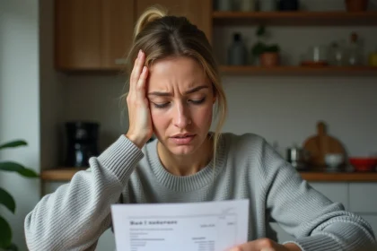 Femme consultant un relevé bancaire avec une expression inquiète, repérant un abonnement non désiré sur son compte