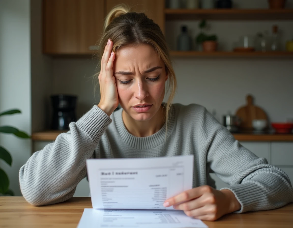 Femme consultant un relevé bancaire avec une expression inquiète, repérant un abonnement non désiré sur son compte