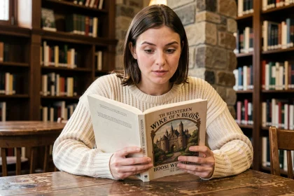 Femme lisant un roman médiéval dans une bibliothèque en bois aux étagères chargées de livres
