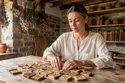Femme étudiant des runes vikings en bois sculptées posées sur une table en bois rustique dans un atelier en pierre