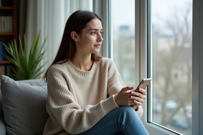 Jeune femme regardant par la fenêtre dans un appartement